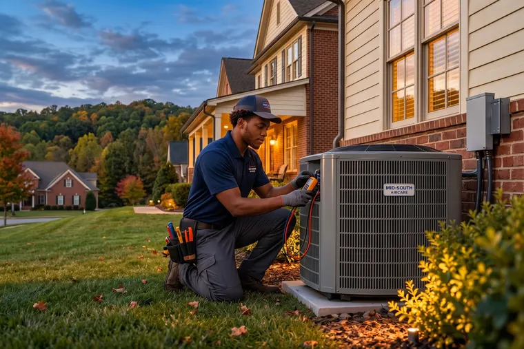 HVAC technician checking an outdoor air conditioner beside a home at dusk