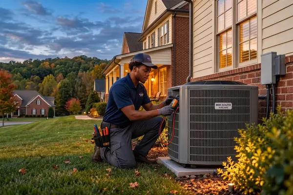 HVAC technician checking an outdoor air conditioner beside a home at dusk