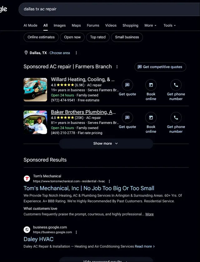Google search results and paid advertising dashboard for HVAC campaign management