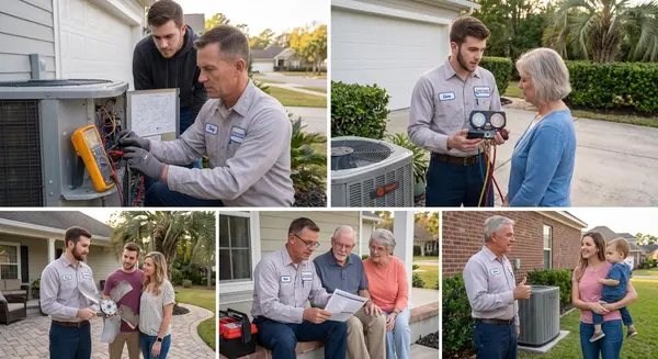 Collage of technicians servicing air conditioners and speaking with homeowners