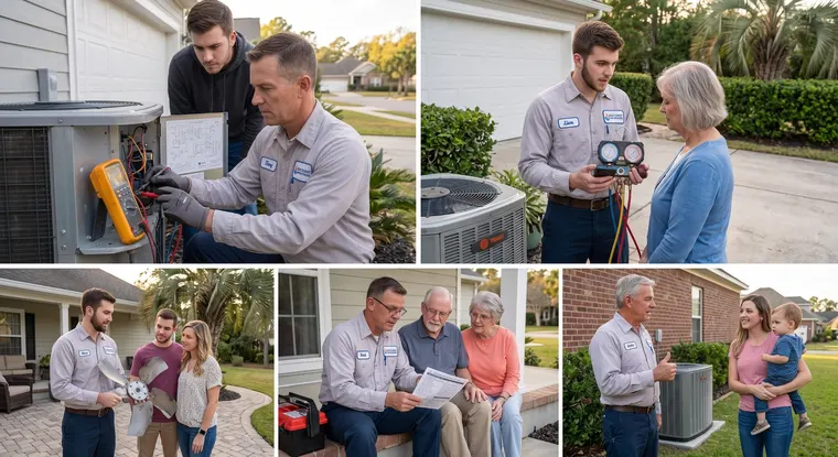 HVAC technicians servicing air conditioners and speaking with homeowners