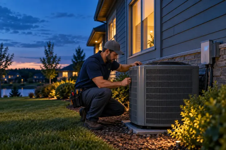 HVAC technician beside an outdoor air conditioning unit