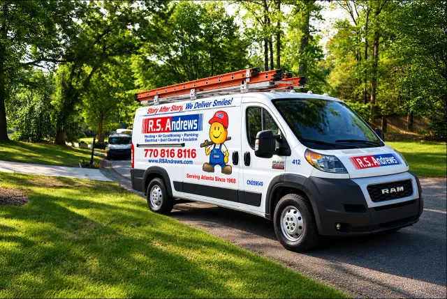 R.S. Andrews heating and air service van on a tree-lined road