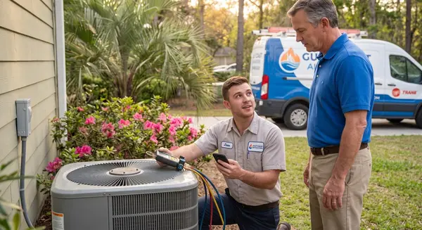 HVAC technician discussing an outdoor air conditioner with a homeowner